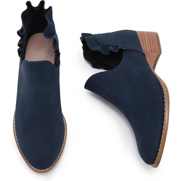 Fisace Ruffled Ankle Boots Women Blue Faux Leather Pointed Toe Chunky Low Heels - Picture 4 of 4